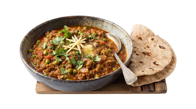 Keema matar minced meat curry with green peas, authentic indian spicy dish with roti bread, traditional minced mutton masala bowl