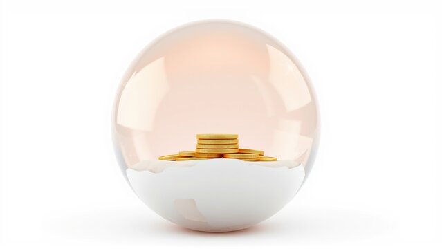 Glass sphere contains stacked gold coins resting upon white surface. Minimalist rendering, clean aesthetic, financial concept illustration.