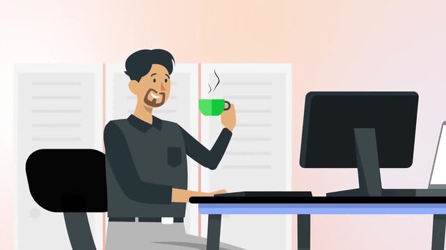 Animated businessman working at office desk drinking hot coffee from green cup in digital vector loop video footage