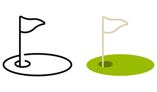 Golf hole flag icons comparison outline and color versions with golf course
