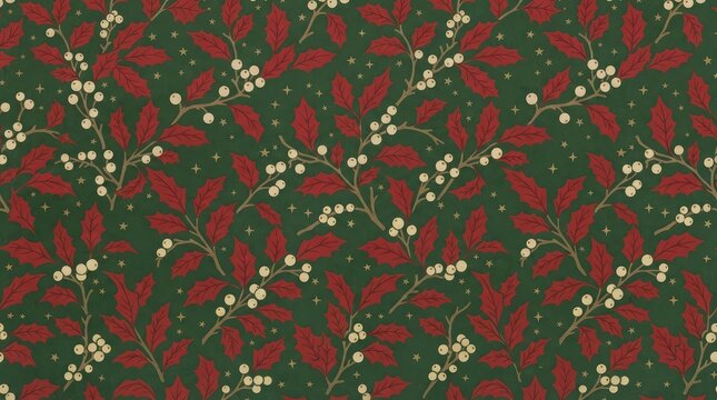 Seamless repeating pattern of red and green holly berries and leaves for festive winter holiday designs and backgrounds