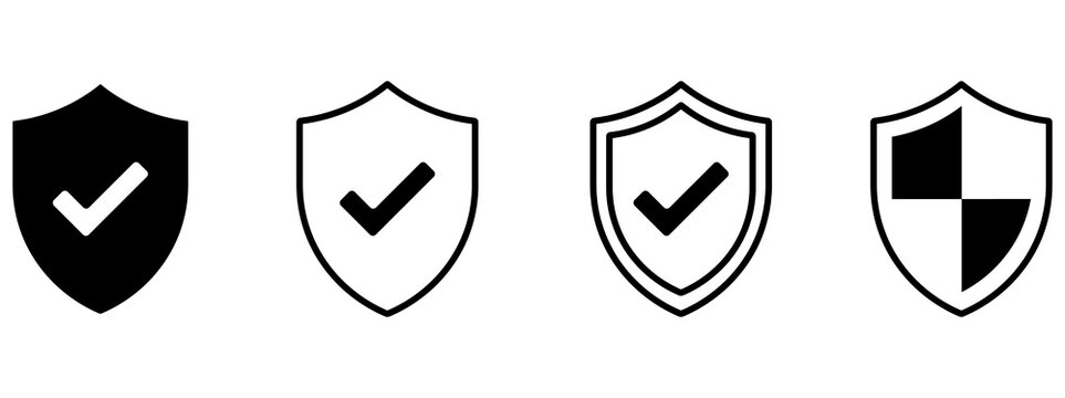 Shield check mark icon set, vector illustration featuring security shield protection symbols with tick mark, safety approval, verification, defense, and secure system concept design elements.