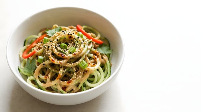 Cold spiralized cucumber noodles with creamy sesame sauce, red pepper, spring onion and sesame seeds.