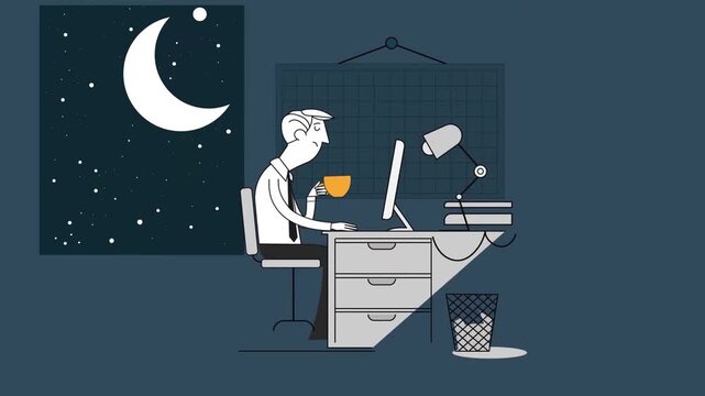 Tired businessman working late at night in office drinking coffee vector motion graphic animation clip
