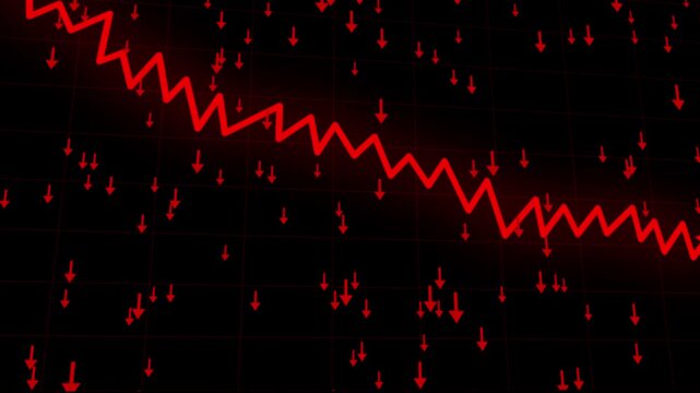 Red glowing zigzag line trending downwards with floating down arrows on dark grid background, representing financial loss, crisis, crash, and bearish market.