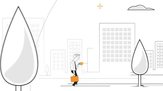 Businessman walking in city carrying briefcase and drinking coffee in animated video clip motion graphic