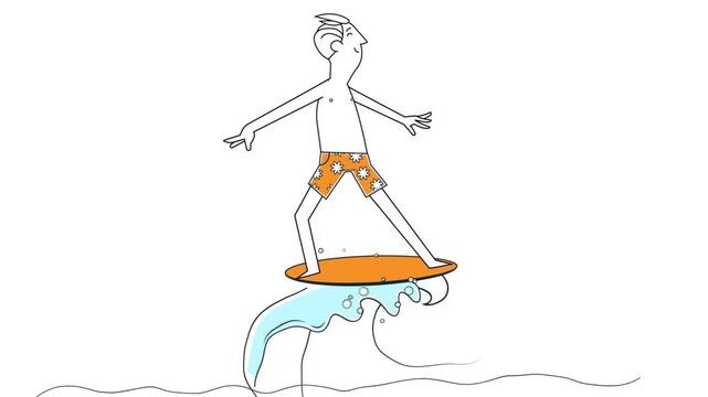 Animated man surfing on ocean wave vector illustration footage motion clip graphic design art backdrop element