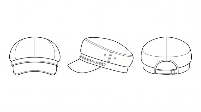 Fiddler Cap Technical Sketch, Baker Boy Hat Fashion Template, Newsboy Cap Front Side Back View Line Drawing