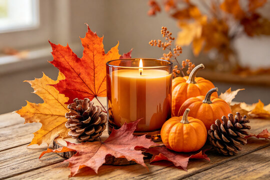 A cozy autumn arrangement featuring a lit scented candle, vibrant maple leaves, small pumpkins, and pine cones on a wooden table.