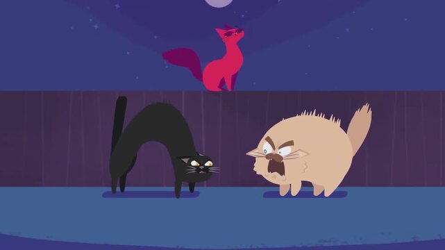 Angry cartoon cats fighting on a fence during night time with glowing moon and star background video