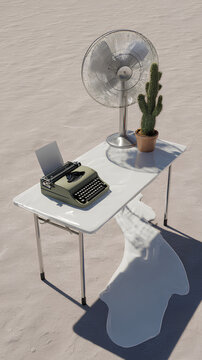 Minimal office desk with typewriter, cactus, and fan all appearing to emerge from a faint white ripple, suggesting heat or mirage