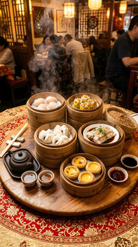 Dim Sum Bamboo Steamer Stack Overhead, Har Gow Siu Mai Char Siu Bao Yum Cha Restaurant Portrait Orientation