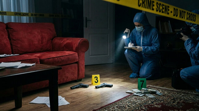 Crime Scene Investigation Forensics team examines evidence including guns money and evidence markers in a dimly lit room
