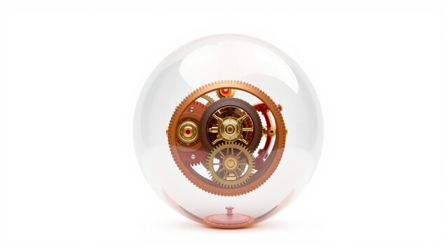 Glass sphere contains intricate clockwork mechanism. Golden gears, copper details visible inside transparent orb. Minimalist studio shot.