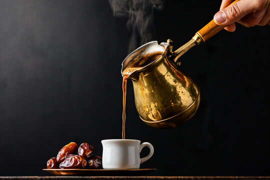 Brass dallah pouring golden Arabic coffee into a small cup