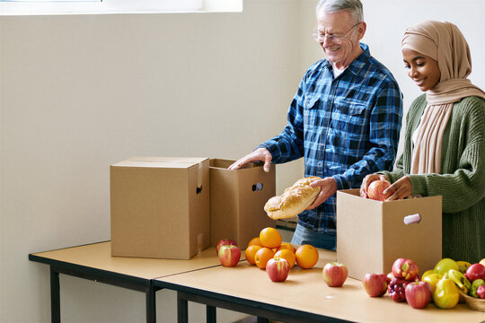 Two smiling volunteers packing food into donation boxes