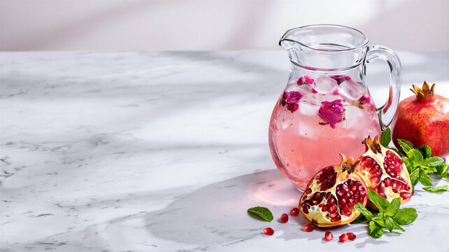 Pink rose and tamarind cooler in a glass pitcher with pomegranates