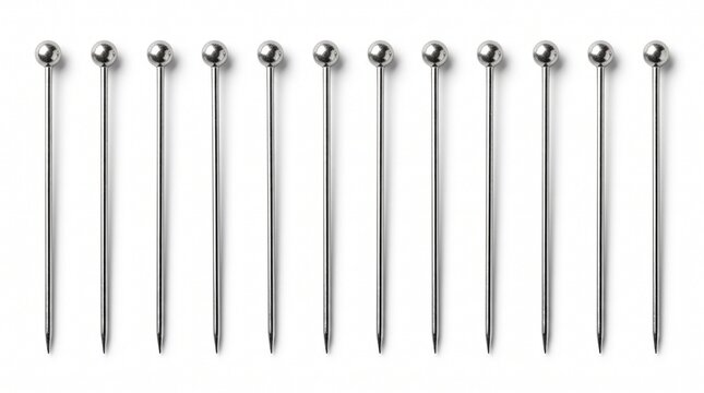 Silver straight pins aligned in a row on a white background