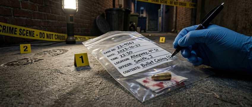Crime scene investigation evidence bag with bullet casing bloodied gauze evidence markers and gloved hand writing notes
