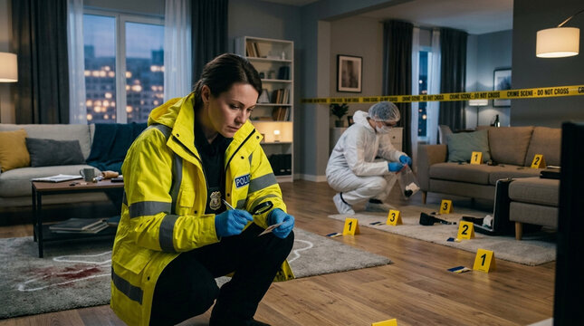 Crime scene investigation Detectives in yellow jacket and hazmat suit examine evidence markers in modern living room