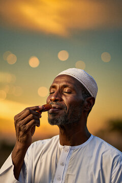 Black man in a white kufi about to eat a date at sunset