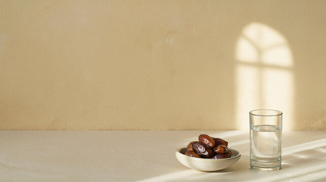 Ceramic bowl of Medjool dates and glass of water on sand
