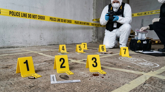 Crime Scene Investigation Evidence Markers Footprint Police Tape Forensic Experts