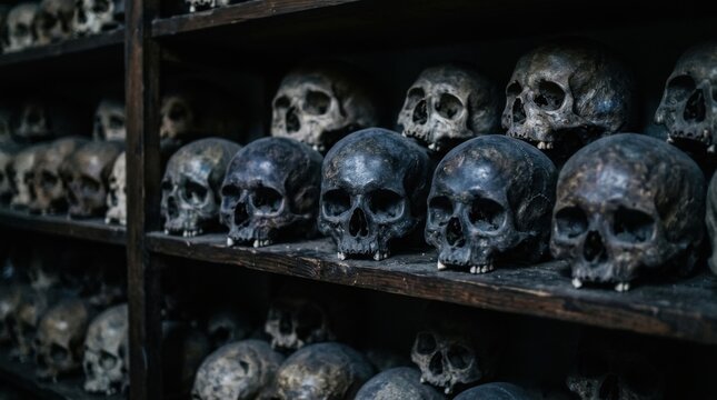 Collection of human skulls on wooden shelves macabre display ancient relics death and mortality concept