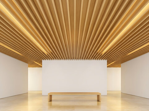 Modern gallery hall with long wooden bench and slatted ceiling
