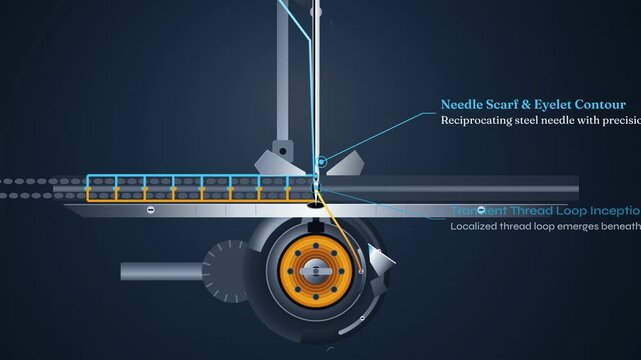 Technical animation demonstrating the kinematics of a lockstitch sewing machine mechanism, showing needle, thread loop, rotary hook, and bobbin case interactions with informative text overlays