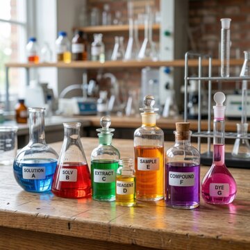 Colorful chemical solutions in laboratory glassware on a wooden table science research and experiment concept