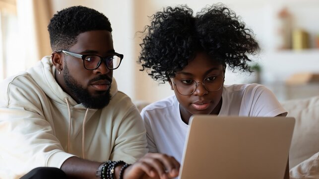 Young black couple wearing eyeglasses looking at laptop screen together in bright room