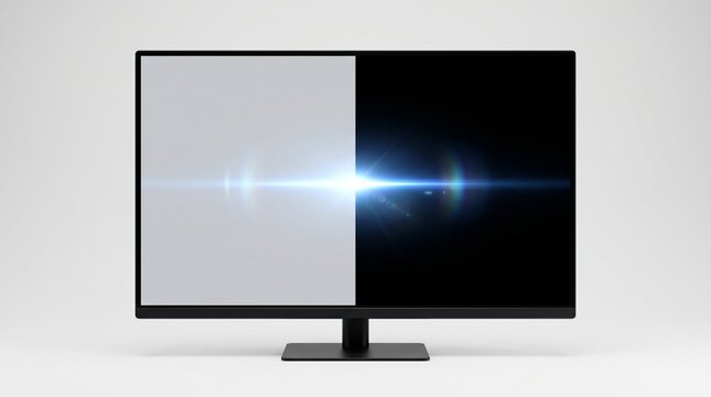 Computer monitor with split screen display and lens flare on white
