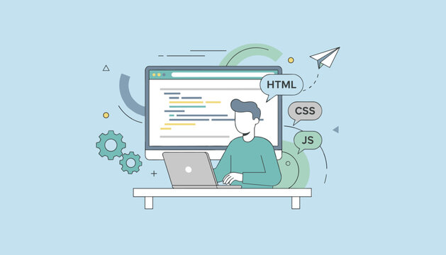 Web developer working on laptop to write code with html, css, and javascript languages shown on a monitor in background.