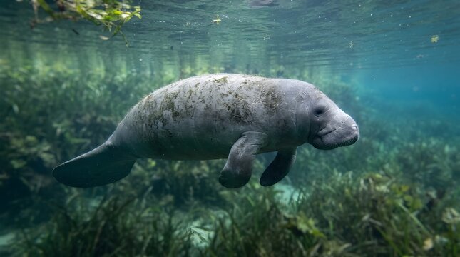 Manatee Swimming Underwater Gentle Marine Wildlife