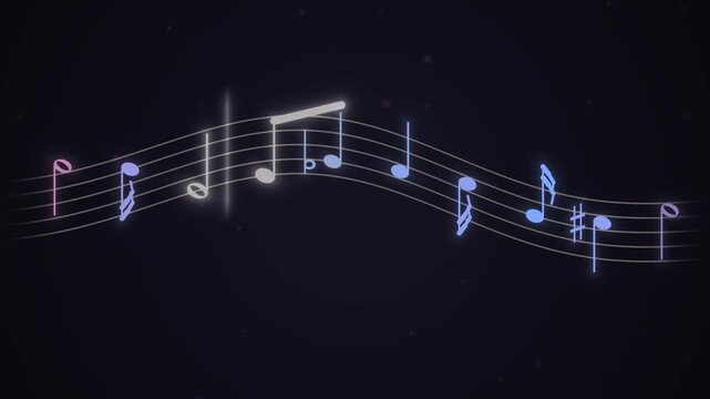 Set of Glowing Neon Musical Notes on Wavy Staves for Musical Design