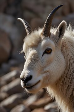Mountain Goat Face Close-Up Portrait White Fur