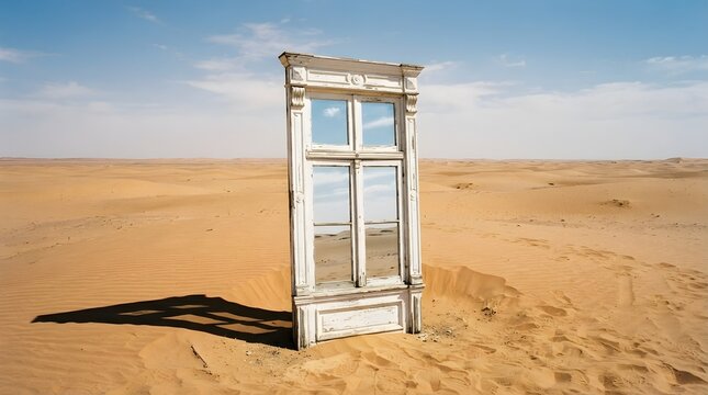 Surreal Wooden Door Standing Alone In Desert Sand Dunes