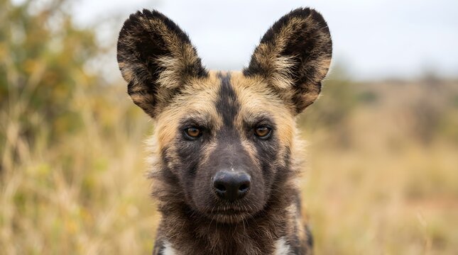 African Wild Dog Face Close-Up Portrait Large Round Ears