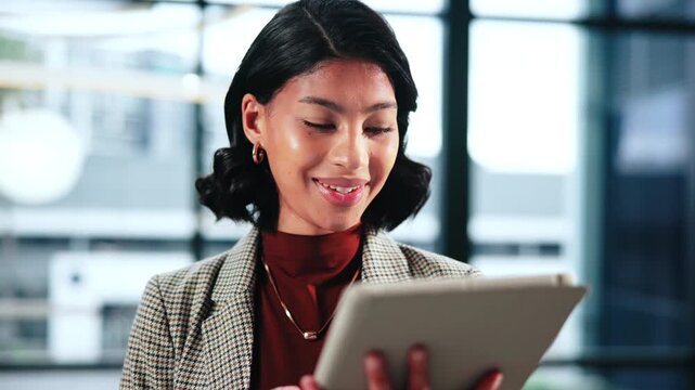 Business, woman and lawyer in office with tablet, email witness and new evidence for court case. Smile, attorney and review at law firm with tech, upcoming trial and testimony for proceedings verdict
