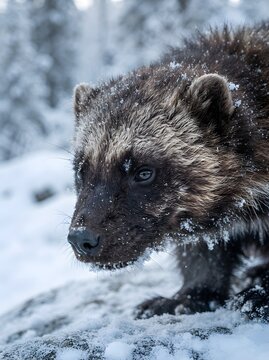 Arctic Fox Face Close-Up Portrait Dark Morph Fur In Snow