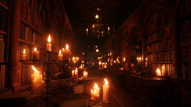 Tall bookshelves lined with ancient tomes glow warmly, lit by countless candles, creating an enchanting, mysterious ambiance