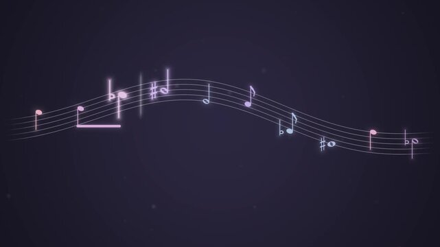 Set of Glowing Musical Staff Lines with Notes on a Dark Purple Abstract Background