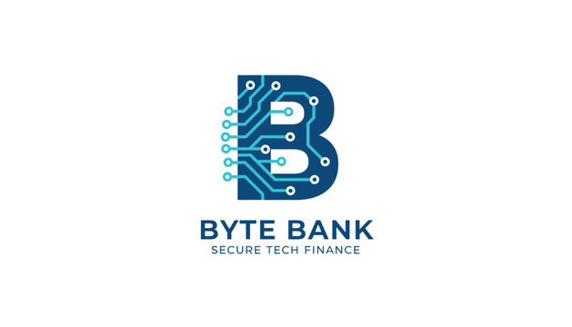 Byte Bank secure tech finance logo featuring a letter B stylized with glowing blue circuit boards and digital lines.