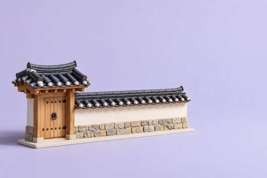 연보라색 배경의 한옥 대문과 기와 담장Generating AI