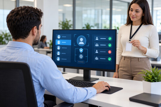 AI generated IT administrator checking employee identity access permissions generic badge security controls at workstation for authentication information protection