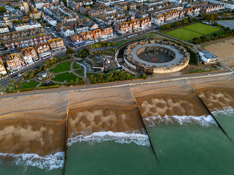 View of the historic circular Eastbourne Redoubt fortress, a Napoleonic coastal defense fort built between 1805 and 1810 on the seafront in Eastbourne, East Sussex, England