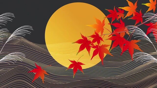 Autumn Moon with Red Maple Leaves 4K