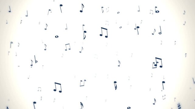 Abstract background with falling musical notes and symbols on a clean white light surface