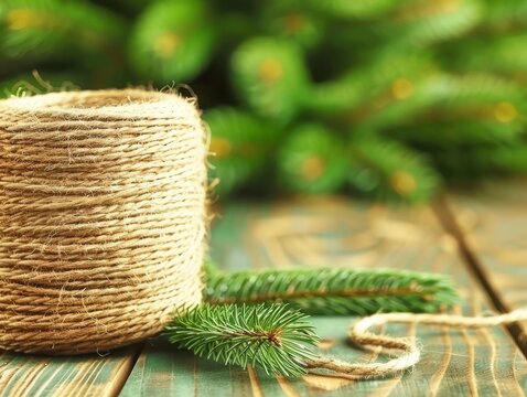 Natural Twine Spool with Evergreen Branch